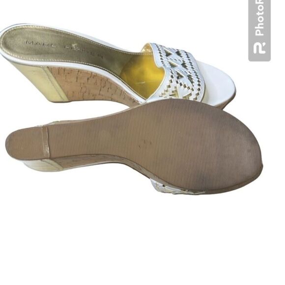 Marc Fisher White / Gold Metallic Woven Leather Cork Wedge Heels Sandals 9.5 - Picture 4 of 5